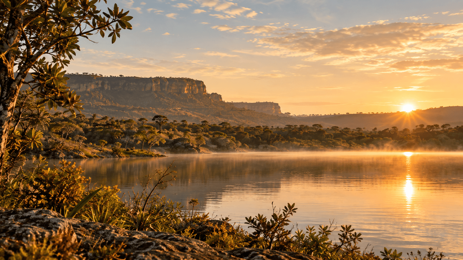 Modelo Capa de Conteúdo — Paisagem brasileira com lago e vegetação nativa