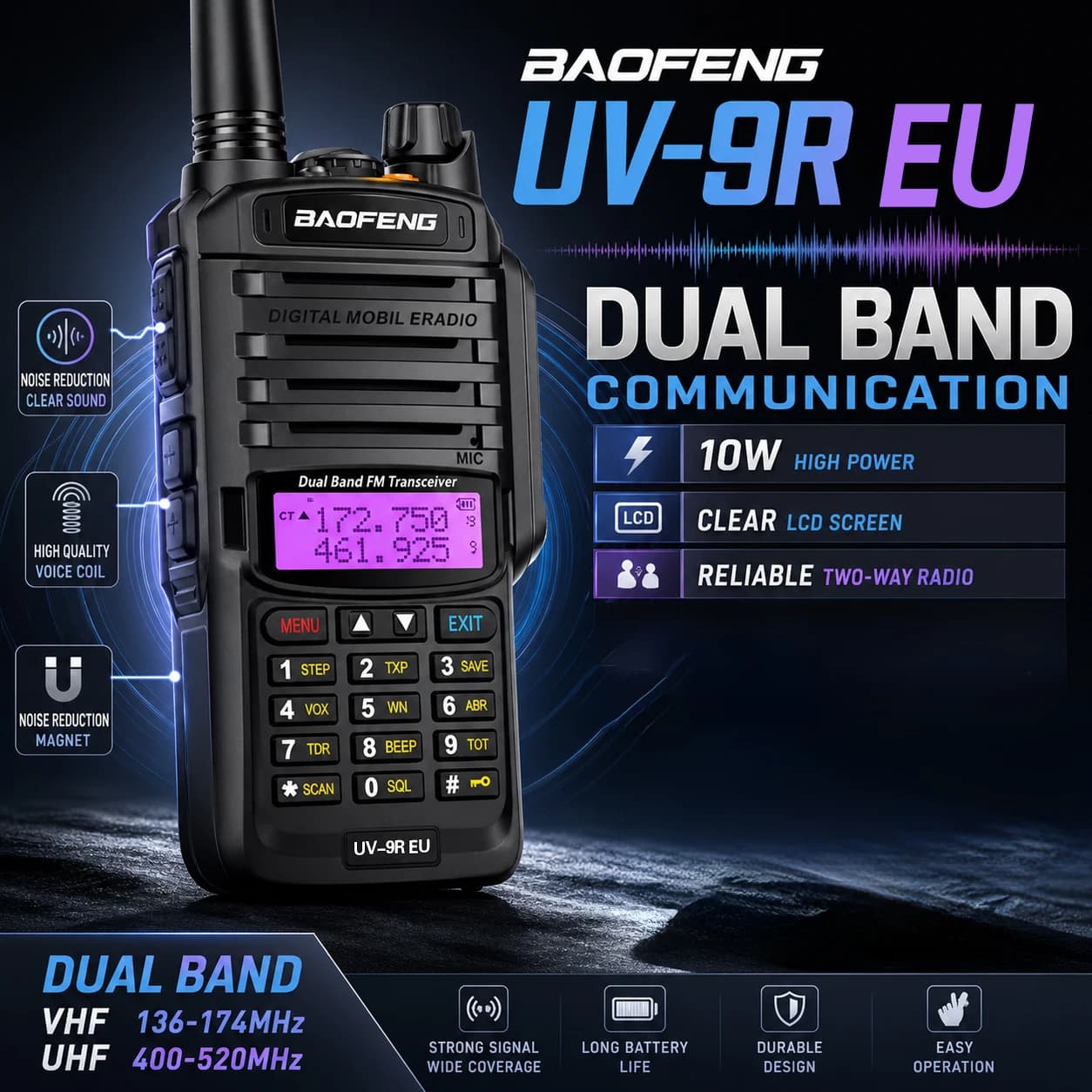 Rádio Comunicador Profissional Baofeng UV-9R EU, Walkie Talkie Comercial IP45 à Prova d'Água, Rádio Bidirecional de Dupla Banda para Hotel, Shopping, Propriedades e Fábricas