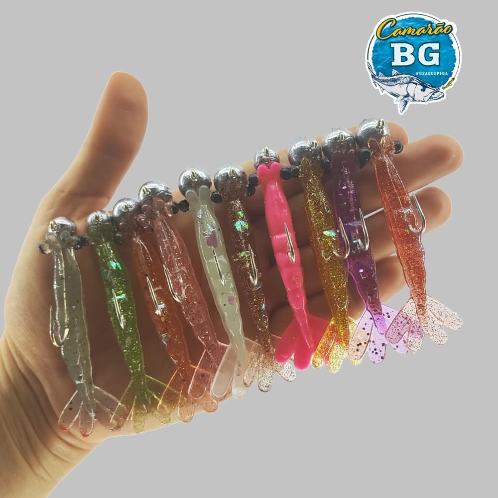 Kit Jig Head inox + Camarão Artificial Isca Soft para pesca de praia, barranco e embarcado