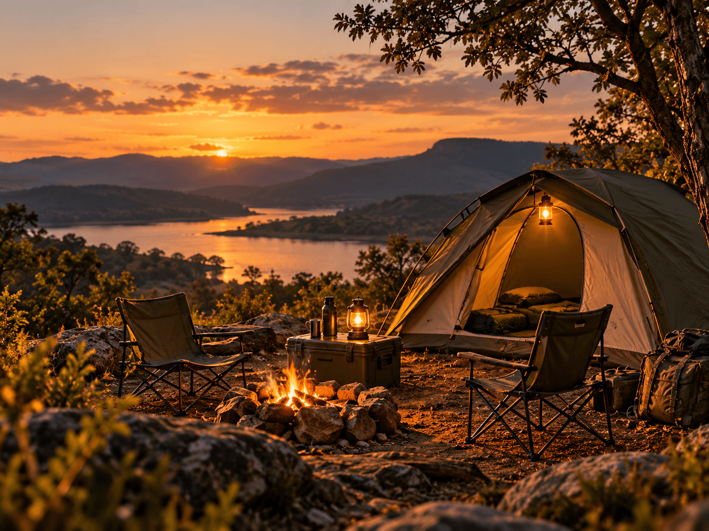Acampamento outdoor em paisagem natural