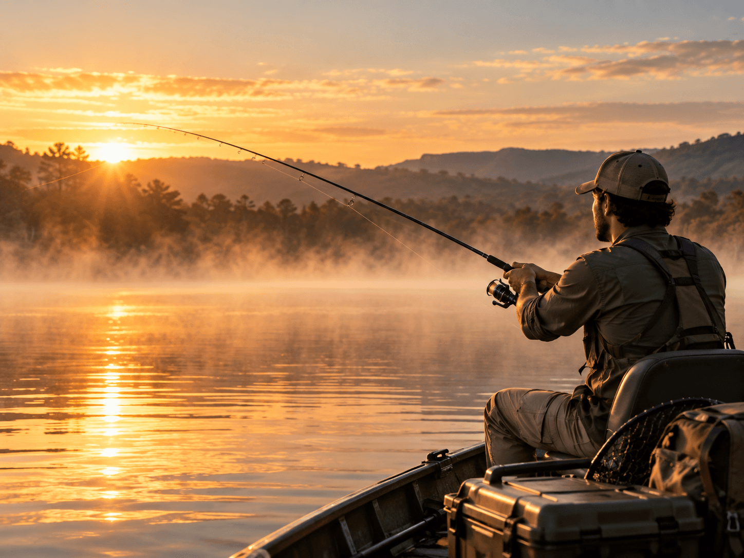 Pesca esportiva em lago ao amanhecer