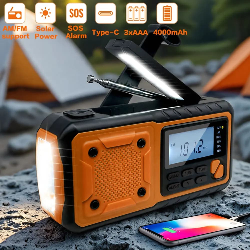 4000mah portátil de emergência rádio energia solar manivela carregamento am/fm rádio meteorológico led leitura lanterna banco carregador telefone