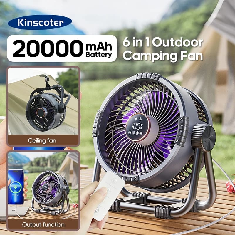 Ventilador Portátil 6 em 1 para Camping ao Ar Livre, Ventilador de Teto Sem Fio Recarregável de 20000mAh, Ajuste de 4 Velocidades, Iluminação LED, Power Bank