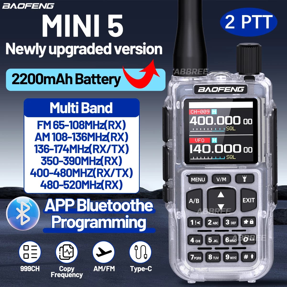 Rádio Comunicador BAOFENG MINI 5 com Bateria de 2200mAh, Programação via APP Bluetooth, Longo Alcance, PTT Duplo, Novo Modelo Aprimorado UV-5R MINI