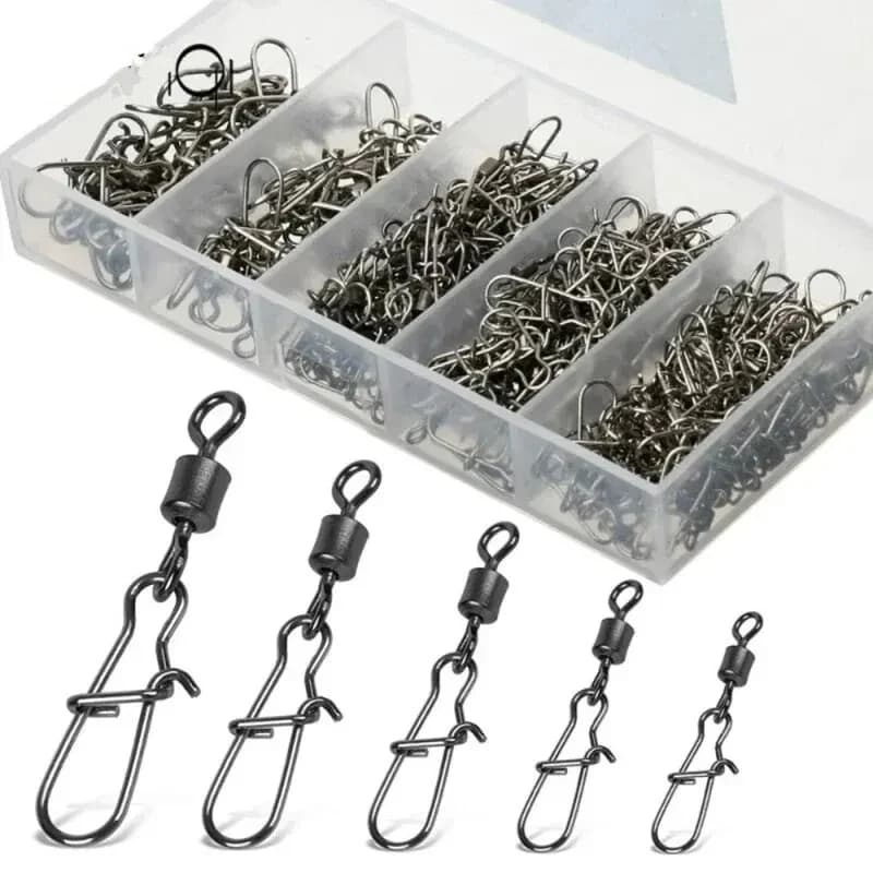 50 unidade/caixa pino conector de pesca de aço inoxidável 4 # 6 # 8 # 10 # 12 # Rolamento giratório com acessórios para isca de anzol