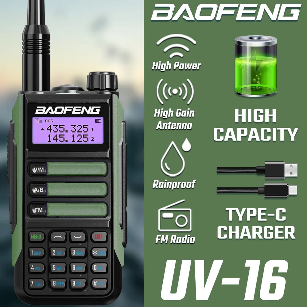 Rádio Comunicador BAOFENG UV-16 de Longo Alcance, Impermeável, VHF/UHF, Banda Dupla Profissional, Carregador USB-C, Atualização do UV-5R