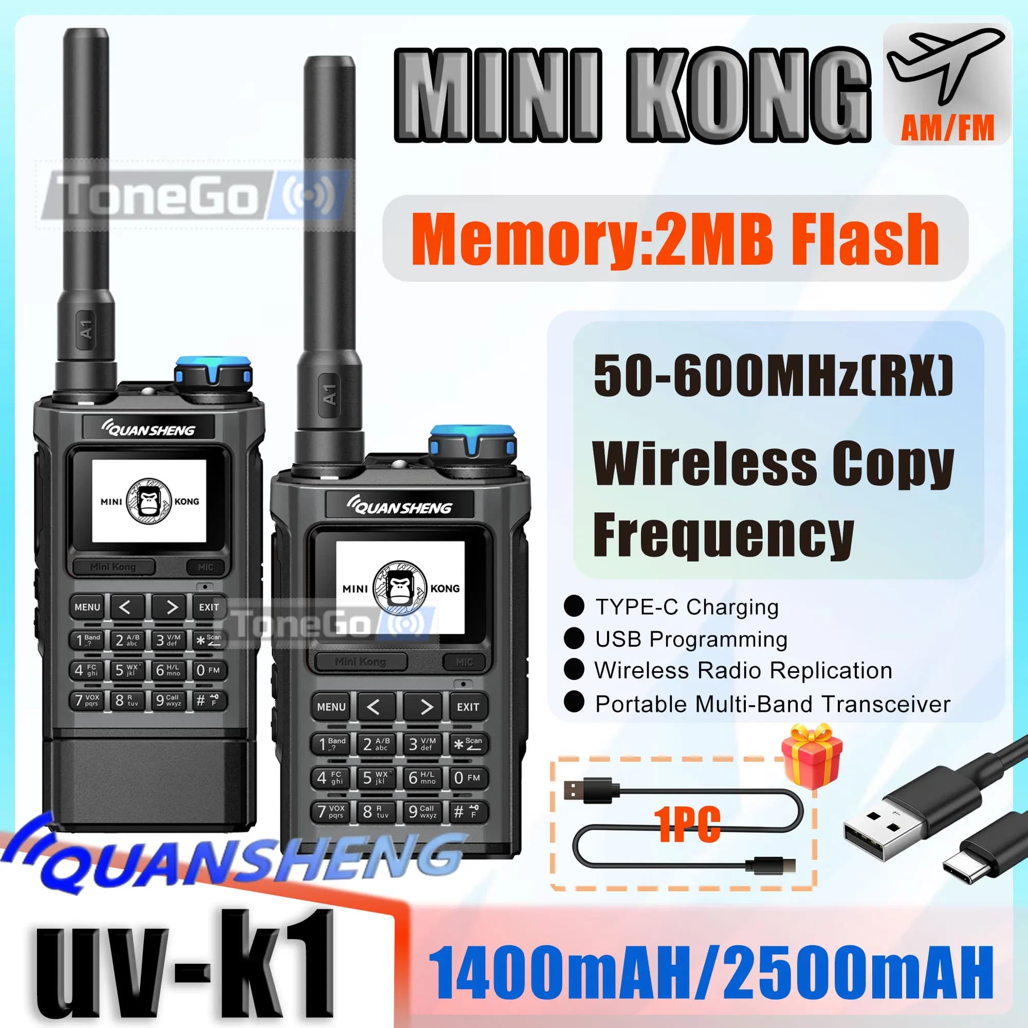 Rádio Comunicador Quansheng UV-K1 Mini Walkie Talkie com 2MB Flash, Carregamento Tipo-C, Programável, AM/FM 50-600MHz, Multibanda, Longo Alcance, Bidirecional