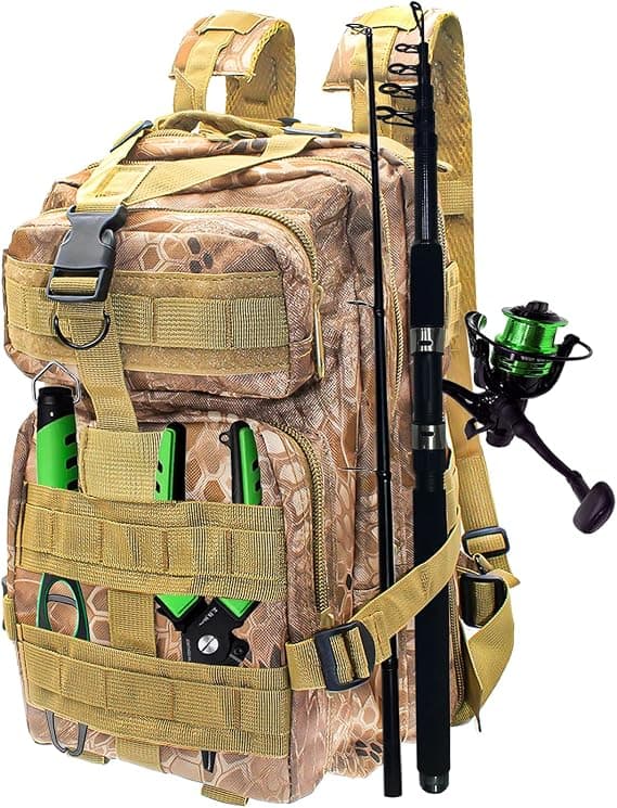 Mochila de pesca Ghanneey com suporte para varas e compartimentos para acessórios