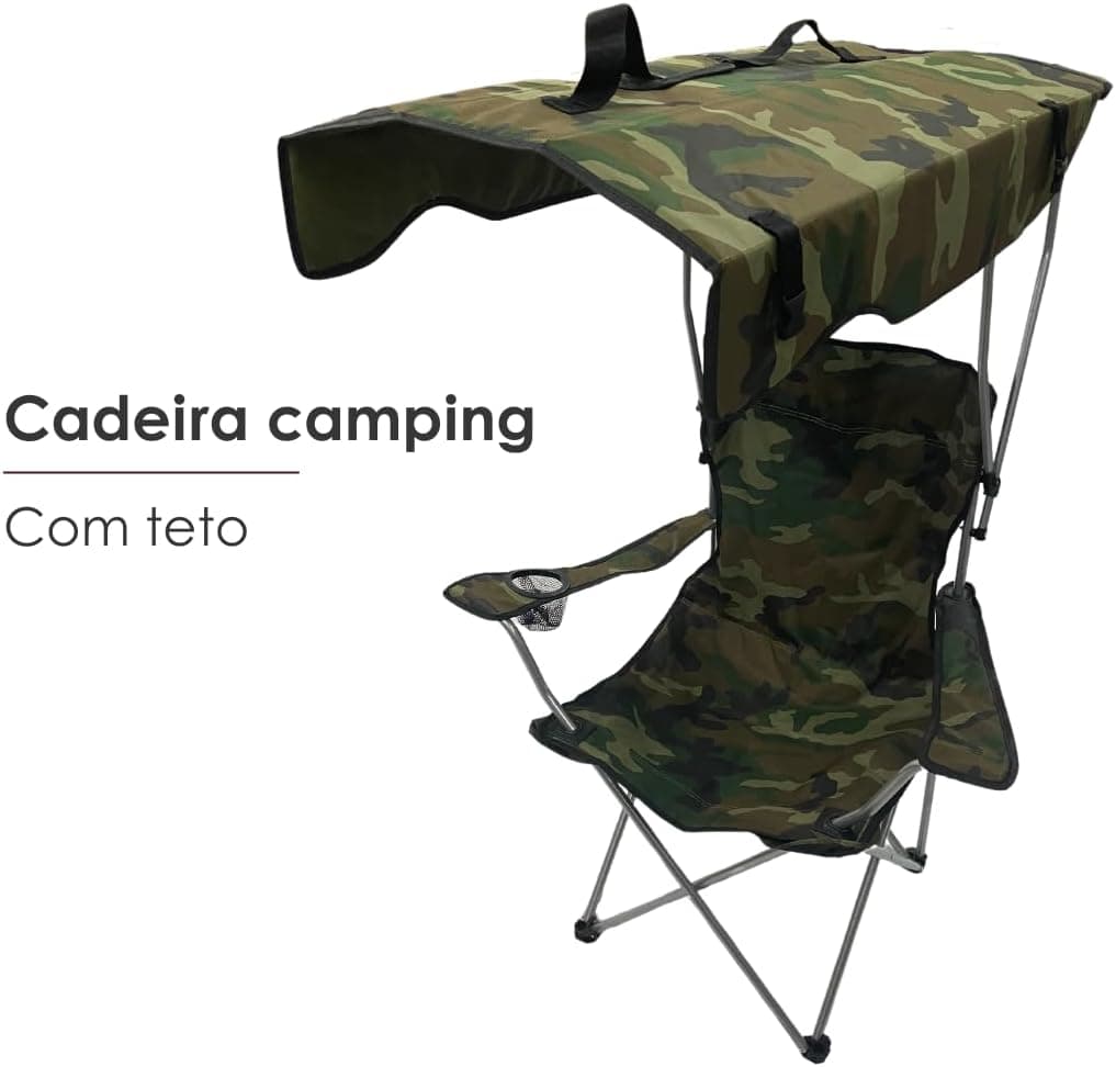 Cadeira Camping Portatil Dobravel Camuflada 150kg Com Teto Pescador Pesca Camping