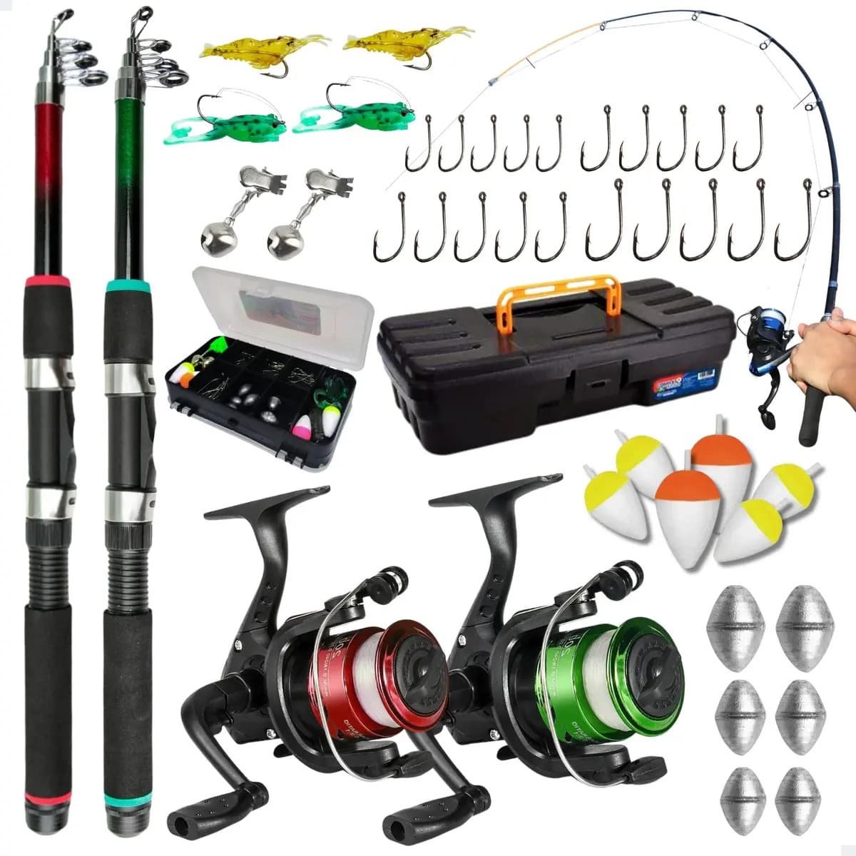 Pescamping Kit Pesca Completo 2 Varas Fibra De Vidro E 2 Molinetes Leve Com Linha Estojo E Maleta Com Acessórios - Tralha de Pescaria